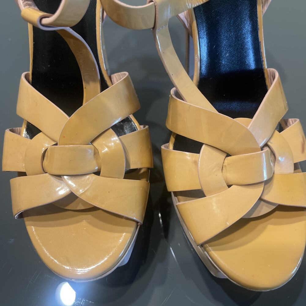 Yves Saint Laurent YSL Beige Patent Leather Tribute Platform Sandals Size 40.5 - Picture 8 of 14